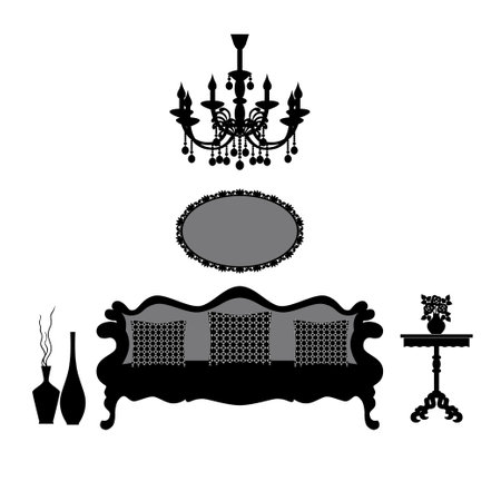 Vintage antique sofa with pillows, table, mirror, chandelier, vases, flowers isolated on a white background.のイラスト素材