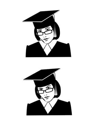 A smiling beautiful girl and a strict girl in glasses in a square academic hat. Black and white silhouette of graduating student or young teacher isolated.のイラスト素材
