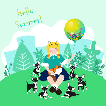 Smiling girl with a balloon, a cat and small dogs sits on a green lawn in a city park.のイラスト素材