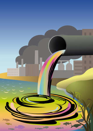 Ecological catastrophe. Plant merges hazardous chemical wastes through the duct into a river.のイラスト素材