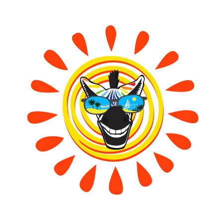 Head of happy smiling zebra in sunglasses on background of stylized sun isolatedのイラスト素材