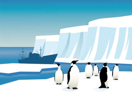Penguins against the backdrop of icebergs, the sea and the fishing vessel.のイラスト素材
