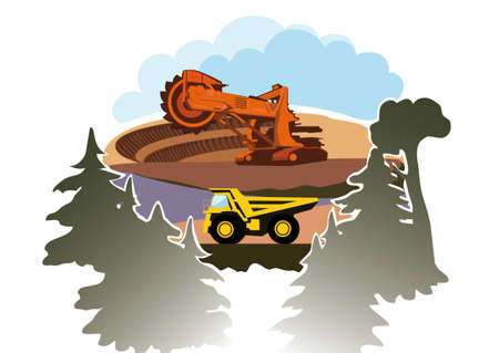 Bucket wheel excavator and truck in a quarry.のイラスト素材