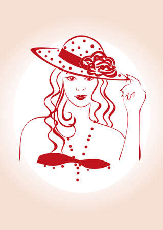 Beautiful young woman with long hair with beads in a modern fashionable hat.のイラスト素材