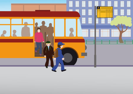 Schoolchildren get off the bus through the front door at the bus stop in the city.のイラスト素材