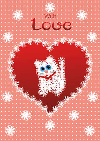 Greeting card with white fluffy knitted cat, red heart, lettering and decorative elements.のイラスト素材