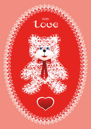 Greeting card with children's toy white knitted bear with a bow, heart and lettering on a red oval background with fluffy knitted border.のイラスト素材