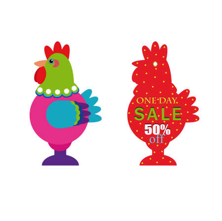 Decorative rooster and trade label in the form of a cockerel at a discount isolated on a white background.のイラスト素材