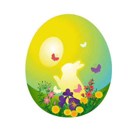 Rabbit and wildflowers on an Easter egg isolated on a white backgroundのイラスト素材