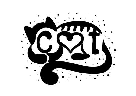Hand drawn black cat silhouette with lettering.のイラスト素材
