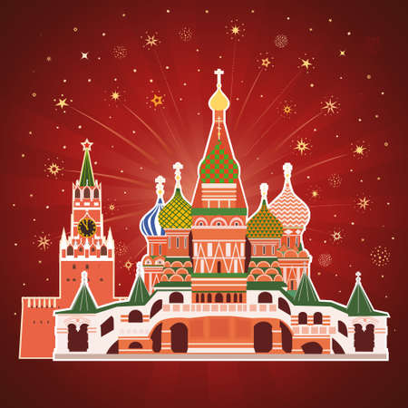 Moscow Kremlin and St. Basil's Orthodox church on a background of fireworks. Holiday card or poster with historic buildings on the Red Square in Moscow.のイラスト素材