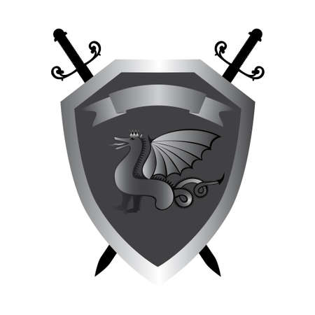 Coat of arms with a winged dragon in the royal crown and swords. The shield with a dragon and swords logo design concept. Military emblem isolated on a white background.のイラスト素材