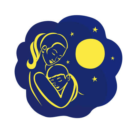 Young mother with a sleeping baby in her arms in the night sky with the moon and stars. Greeting card Mother's Day.のイラスト素材
