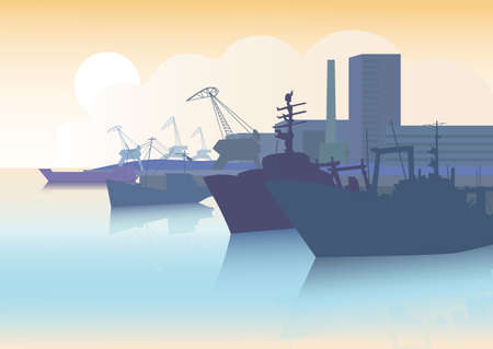 Silhouettes of fishing vessels and barge on the background of the sea port and seascape.のイラスト素材