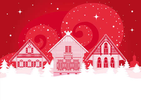 Beautiful creative Russian village houses, an Orthodox church, trees and snowdrifts on a background of a blizzard and the night sky.のイラスト素材