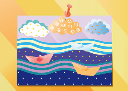Children picture with three paper boats, sea waves and clouds attached to the wall of the red button.のイラスト素材