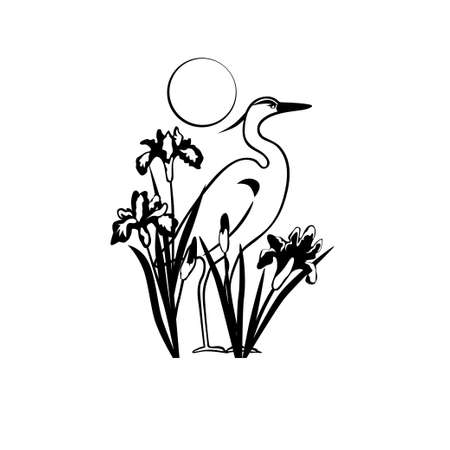 Black and white graphic drawing of a heron, irises and sun isolated on a white bakground.のイラスト素材
