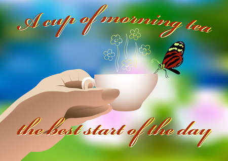 Human hand with a cup of tea and a butterfly on blurred background with summer flowers.のイラスト素材