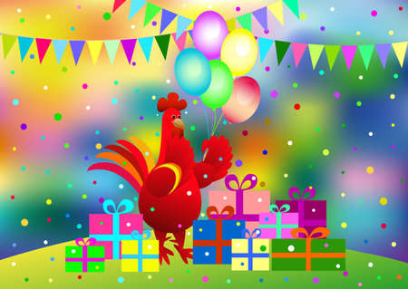 Greeting card birthday with funny red rooster, balloons, boxes with gifts, confetti, flags on a blurred background.のイラスト素材