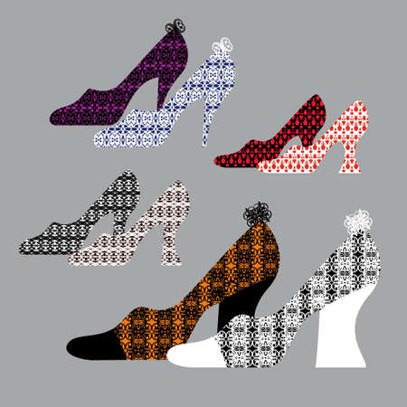 A set of fashionable women's shoes with lace on a gray background.のイラスト素材