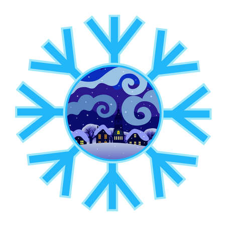 Christmas night landscape with small town on snowflake background isolated.のイラスト素材