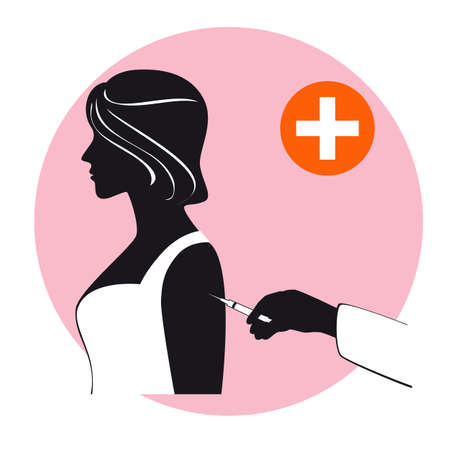 The doctor vaccinates the girl isolated on a white background. Black and white illustration.のイラスト素材