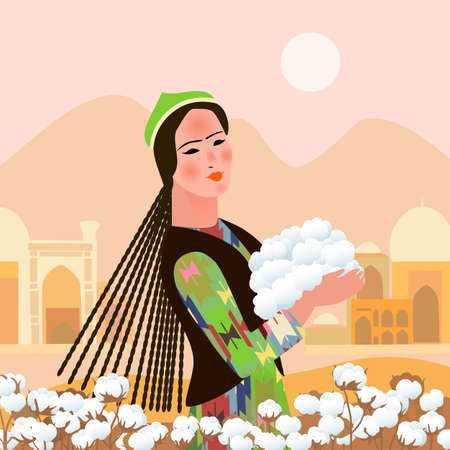 Uzbek girl with cotton on the background of nature and oriental architectureのイラスト素材
