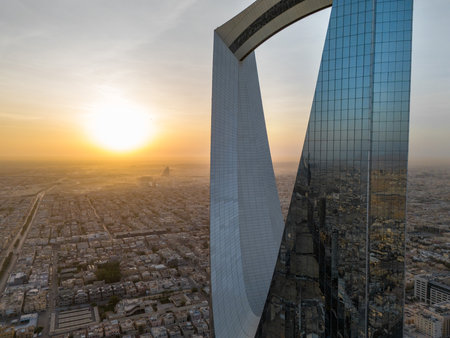 Drone shot flying. Saudi Arabia. Riyadh. Sunrise. Kingdom Tower