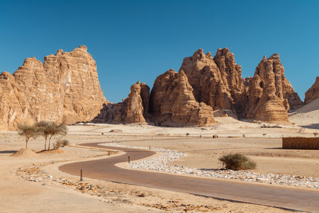 Scenic Road Through AlUlas Majestic Rock Formations Saudi Arabiaの写真素材