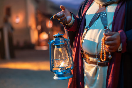 A traditional Saudi Arabian lantern glows in the nightの写真素材