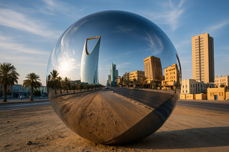 AI Image Modern Riyadh Cityscape Reflected in Giant Mirror Sphereの写真素材
