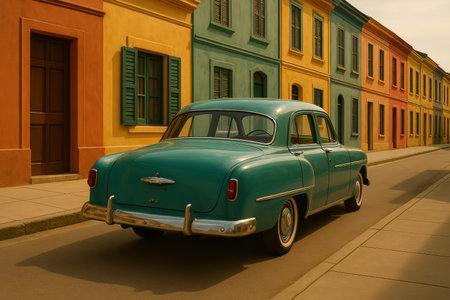 AI Image Vintage Green Car Parked on a Colorful Street