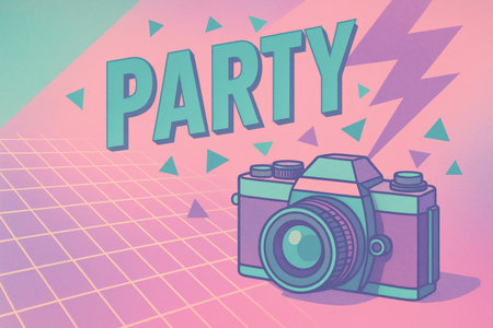 AI Image Retro Party Poster with Camera and Lightning Elementsの写真素材