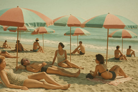 AI Image Vintage Beach Day with Colorful Umbrellas and Sunbathersの写真素材