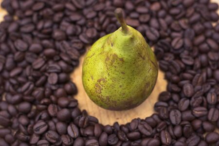 pear and coffee background.の写真素材