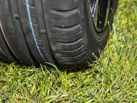 New car wheel on trimmed lawn with green grass.