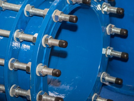 Connecting flange blue water pipe with threaded rodsの写真素材