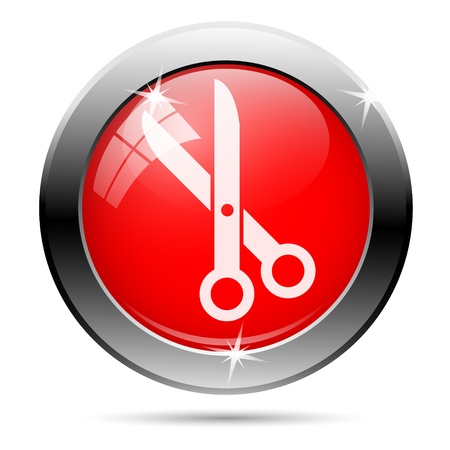 Metallic round glossy icon with white on red backgroundの写真素材