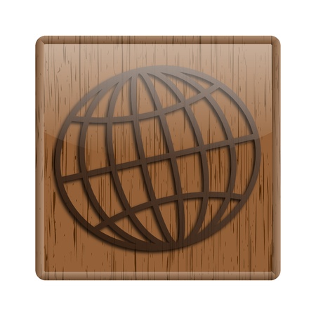 Shiny icon with brown design on wooden backgroundの写真素材