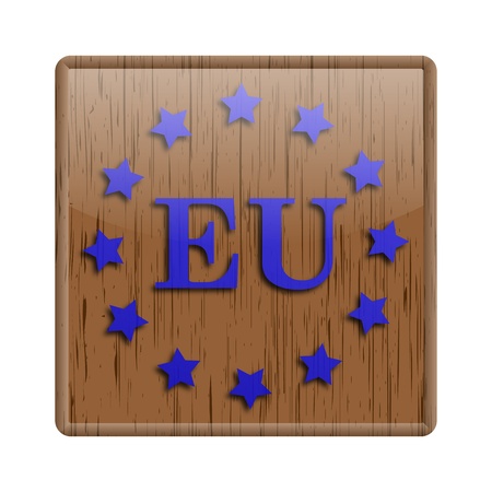 Shiny icon with brown design on wooden backgroundの写真素材