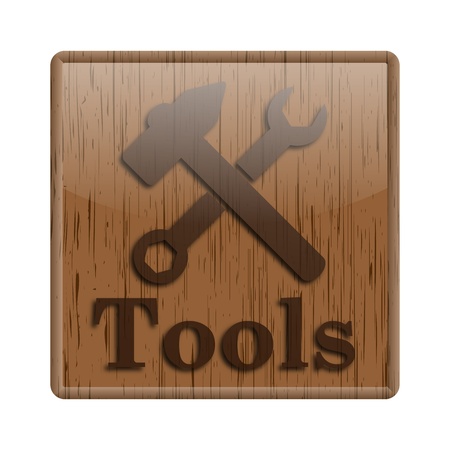 Shiny icon with brown design on wooden backgroundの写真素材