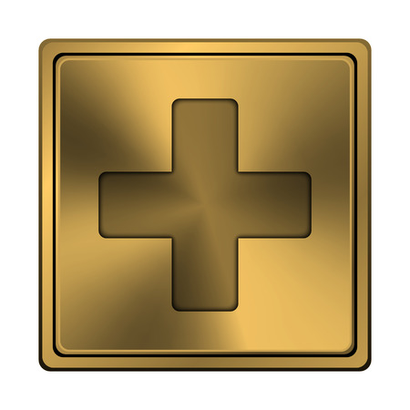 Square metallic icon with carved design on copper backgroundの写真素材