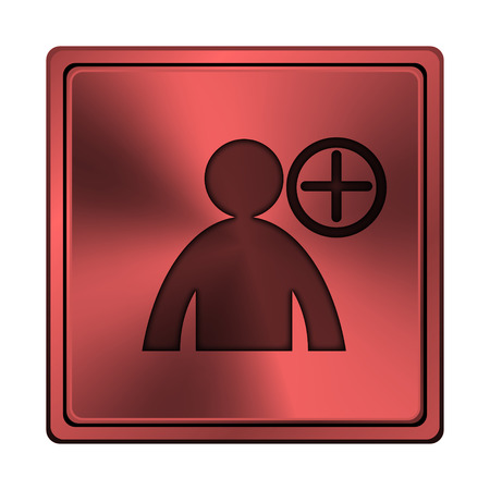 Square metallic icon with carved design on red backgroundの写真素材