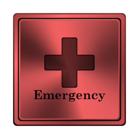 Square metallic icon with carved design on red backgroundの写真素材