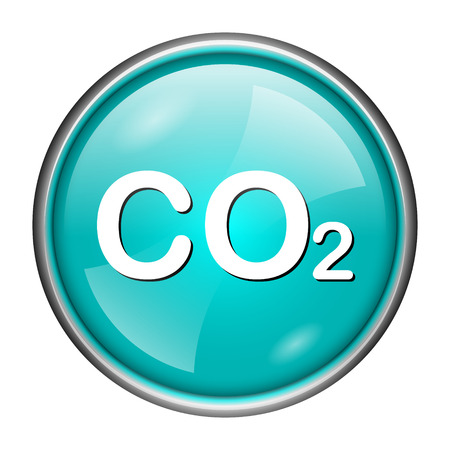 Round glossy icon with white design of CO2 on aqua backgroundの写真素材