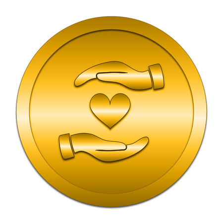 Hands holding heart icon. Internet button on white background.の写真素材