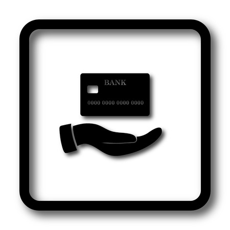 Hand holding credit card icon, black website button on white background.の写真素材