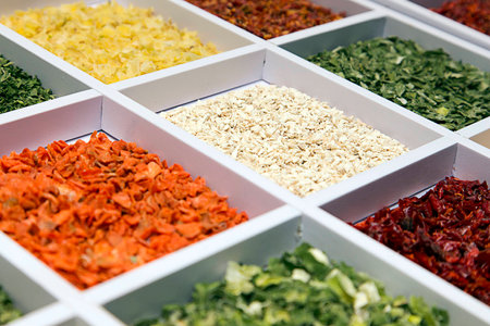 Dried spices. Parsley, peppers, greens, carrots, onionsの写真素材