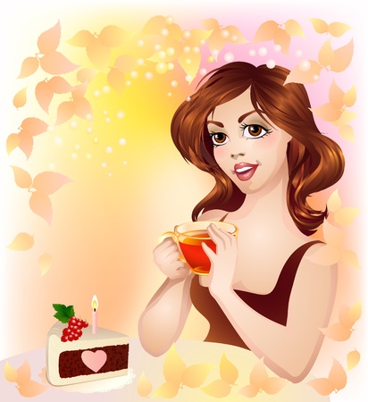 Woman drinking tea in warm autumn eveningのイラスト素材