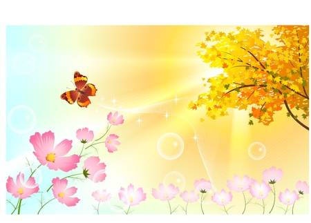 Sunny autumn day with flowers and butterflyのイラスト素材